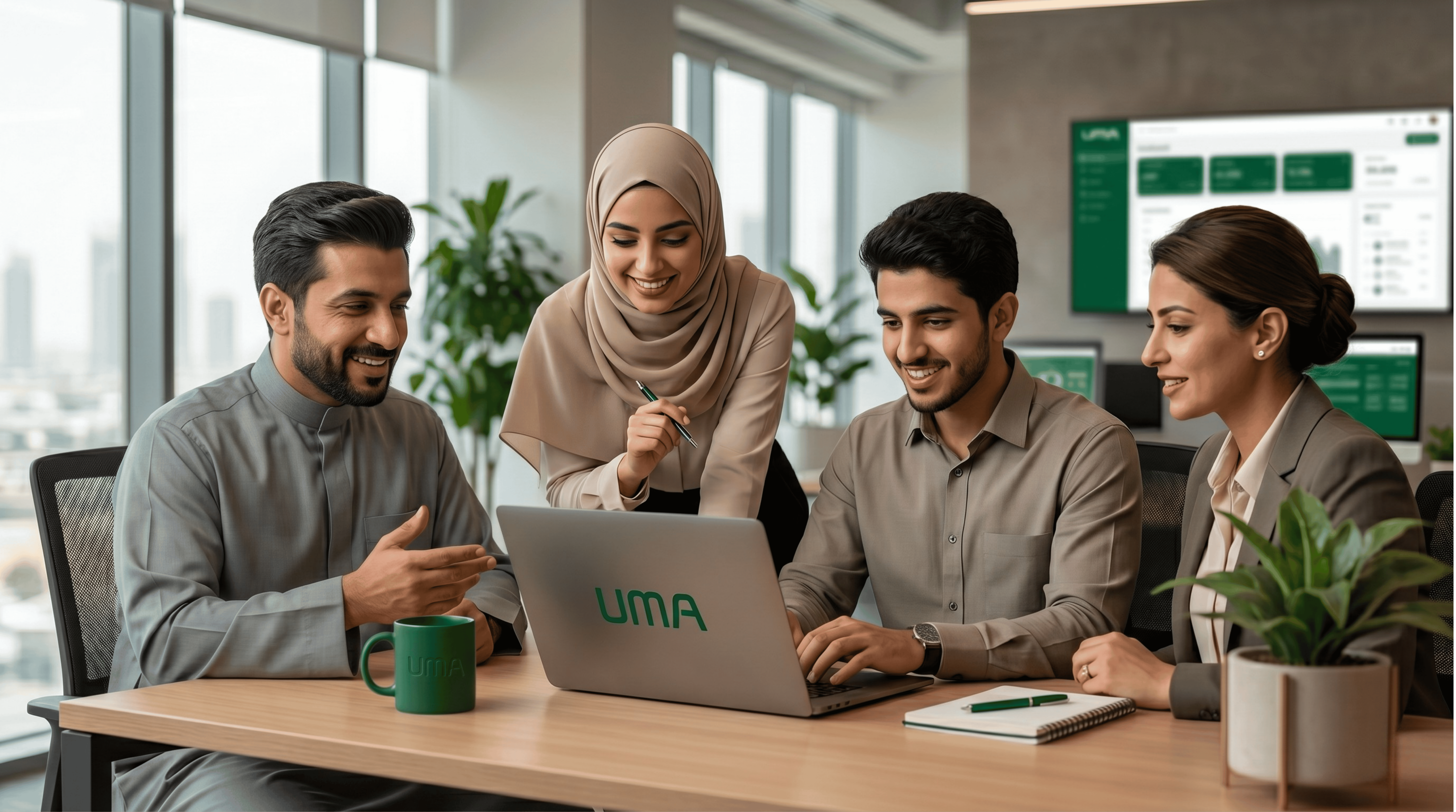 UMA team collaborating around a laptop in a modern office