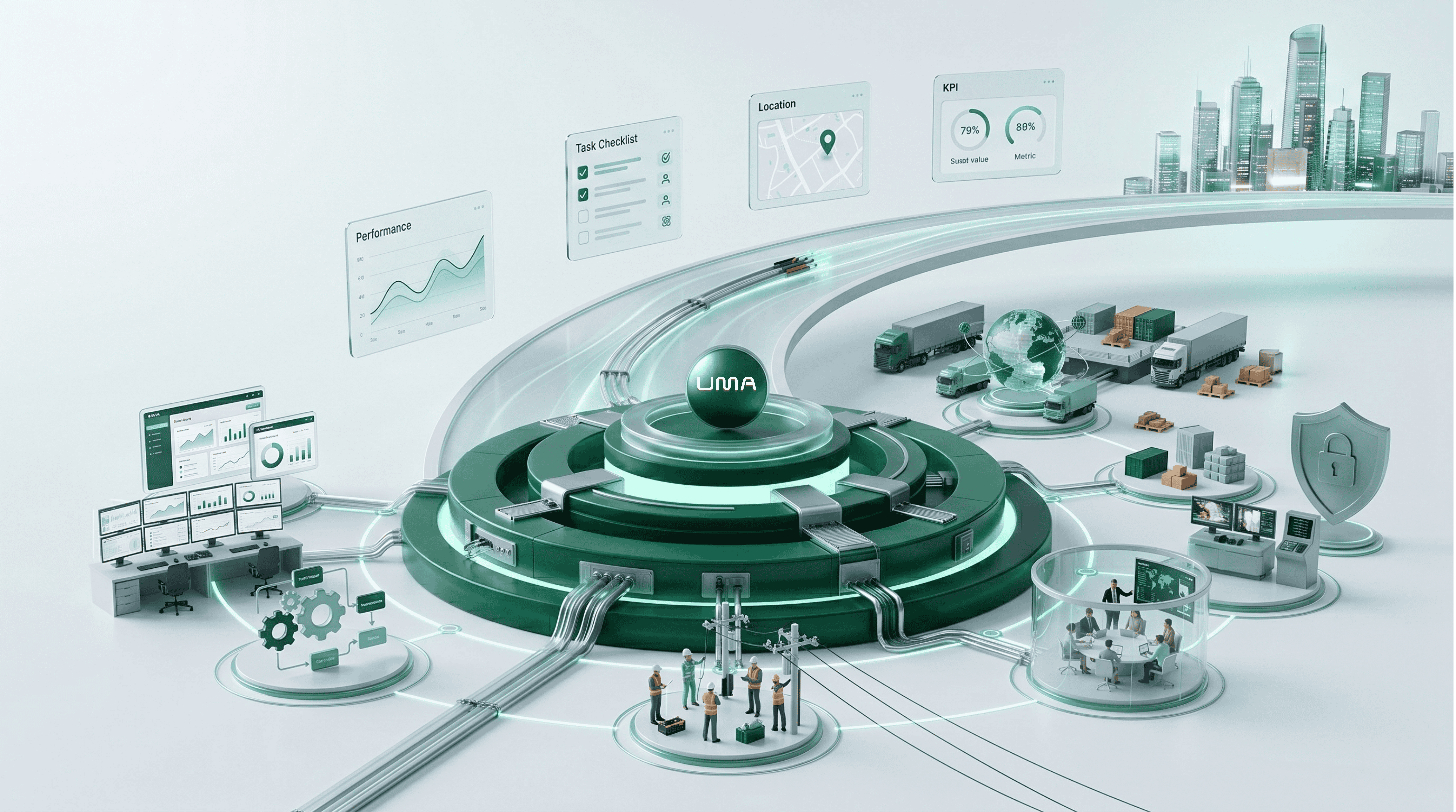 Isometric illustration of the UMA operational platform connecting fleet, field, and command operations