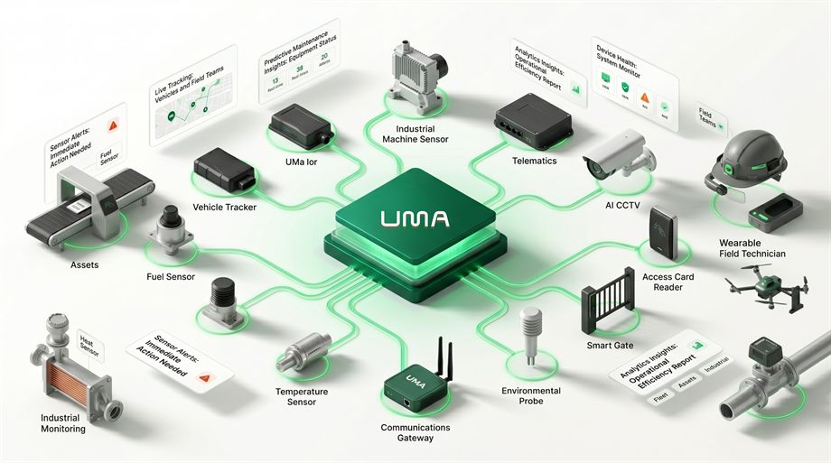 Isometric diagram of IoT devices and sensors connected to UMA