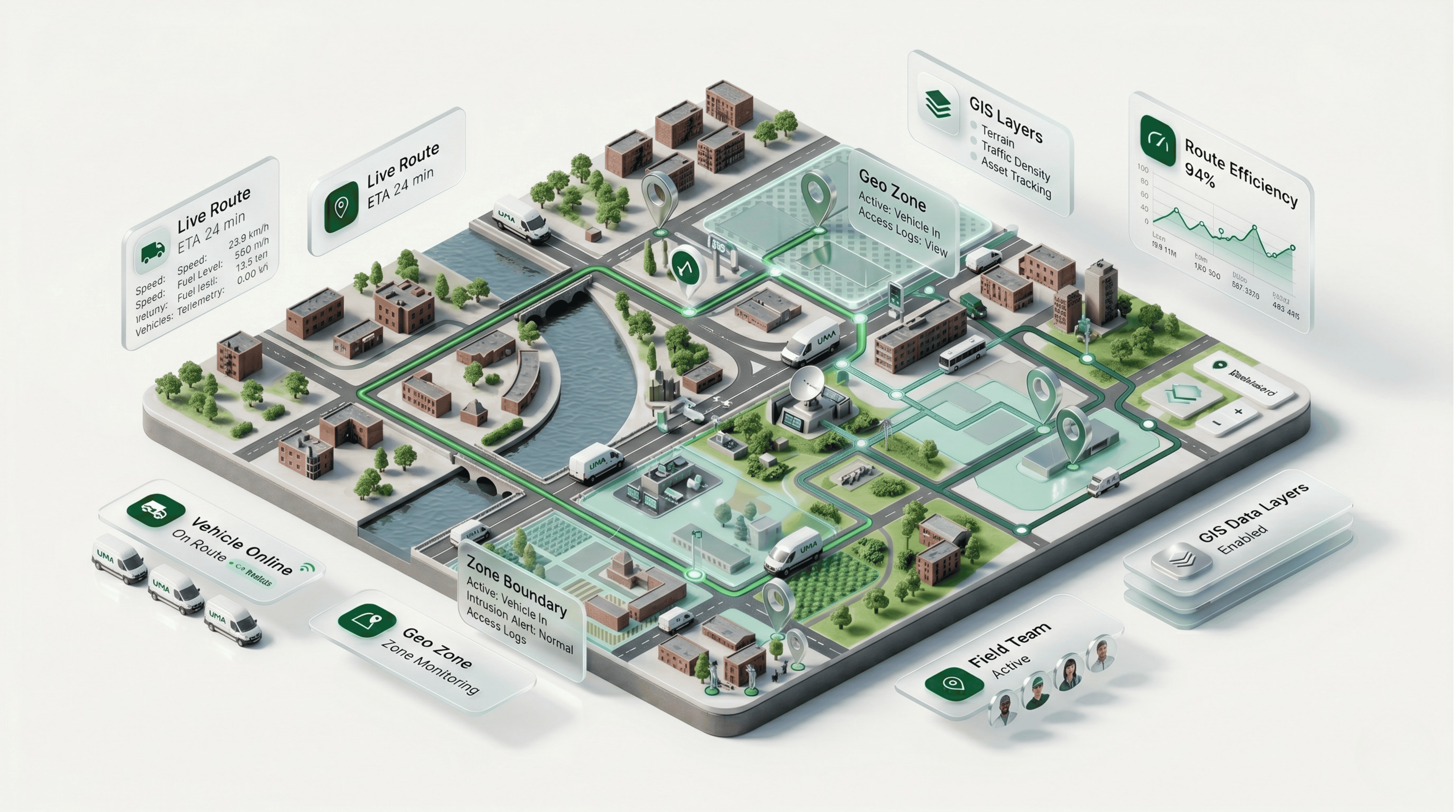 Isometric map and GIS routing diagram connected to UMA