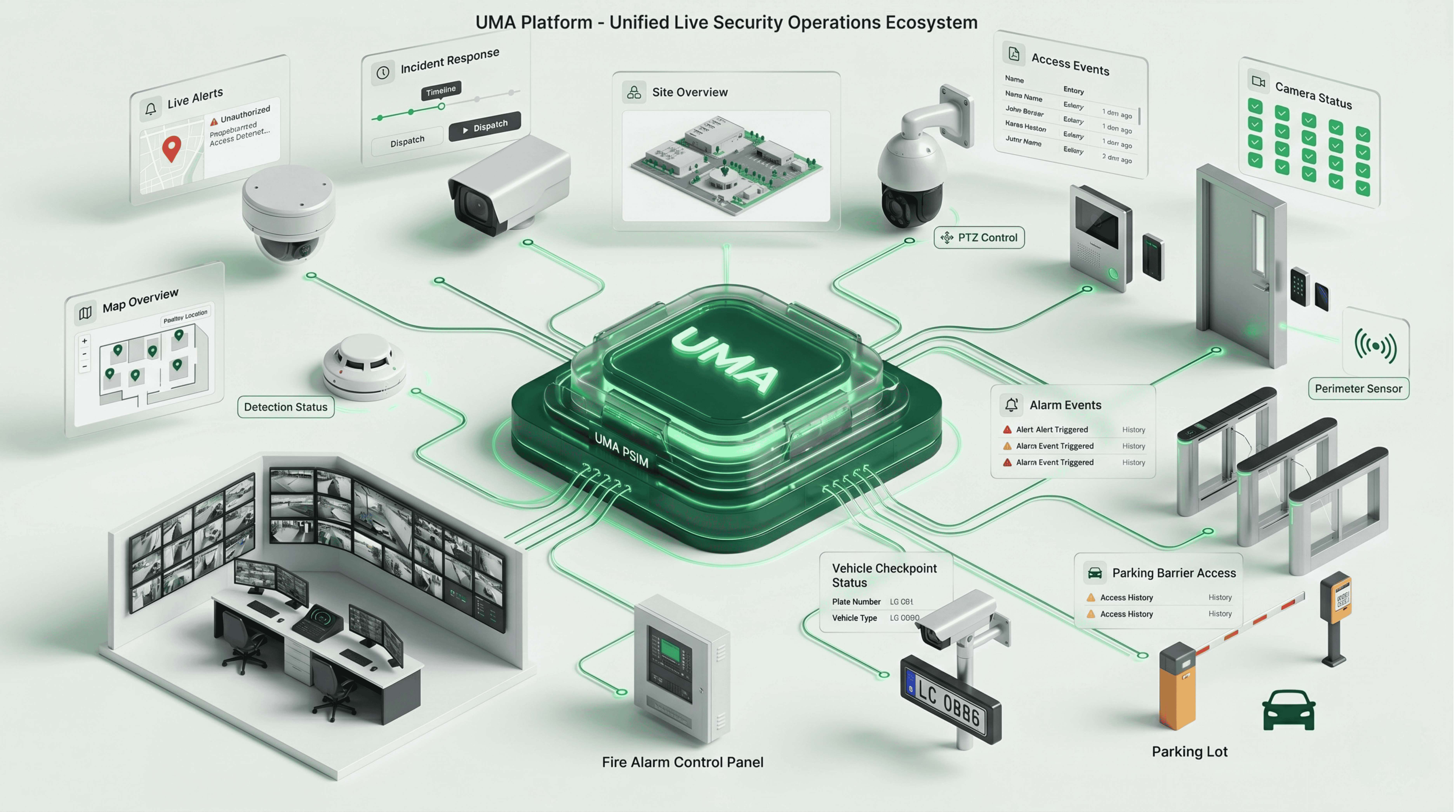 Isometric diagram of security systems integrated with UMA PSIM